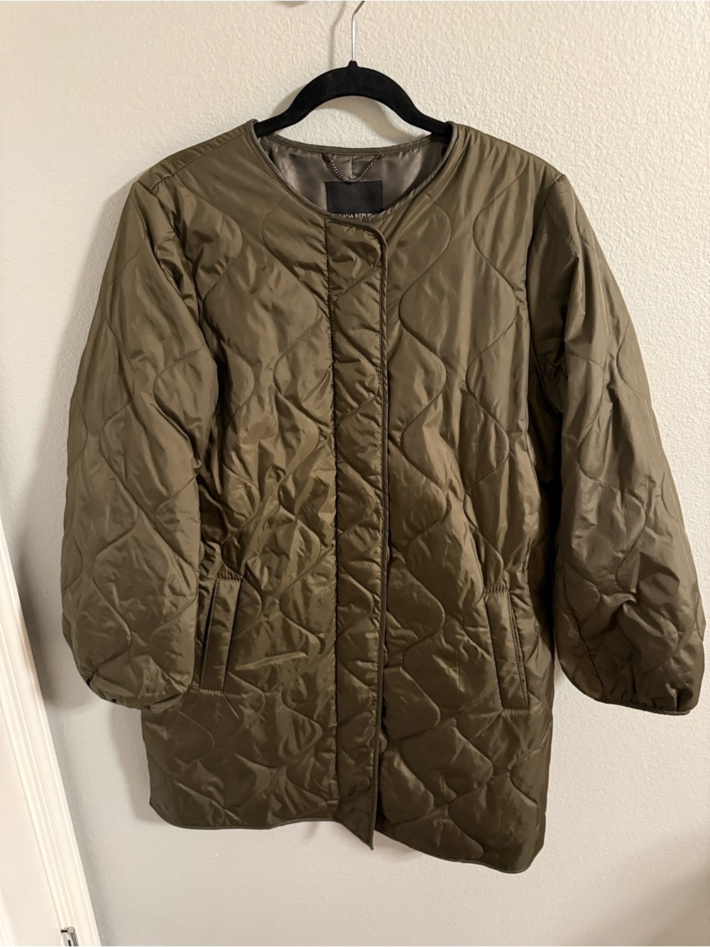 Banana Republic Olive Quilted Collarless Puffer Coat